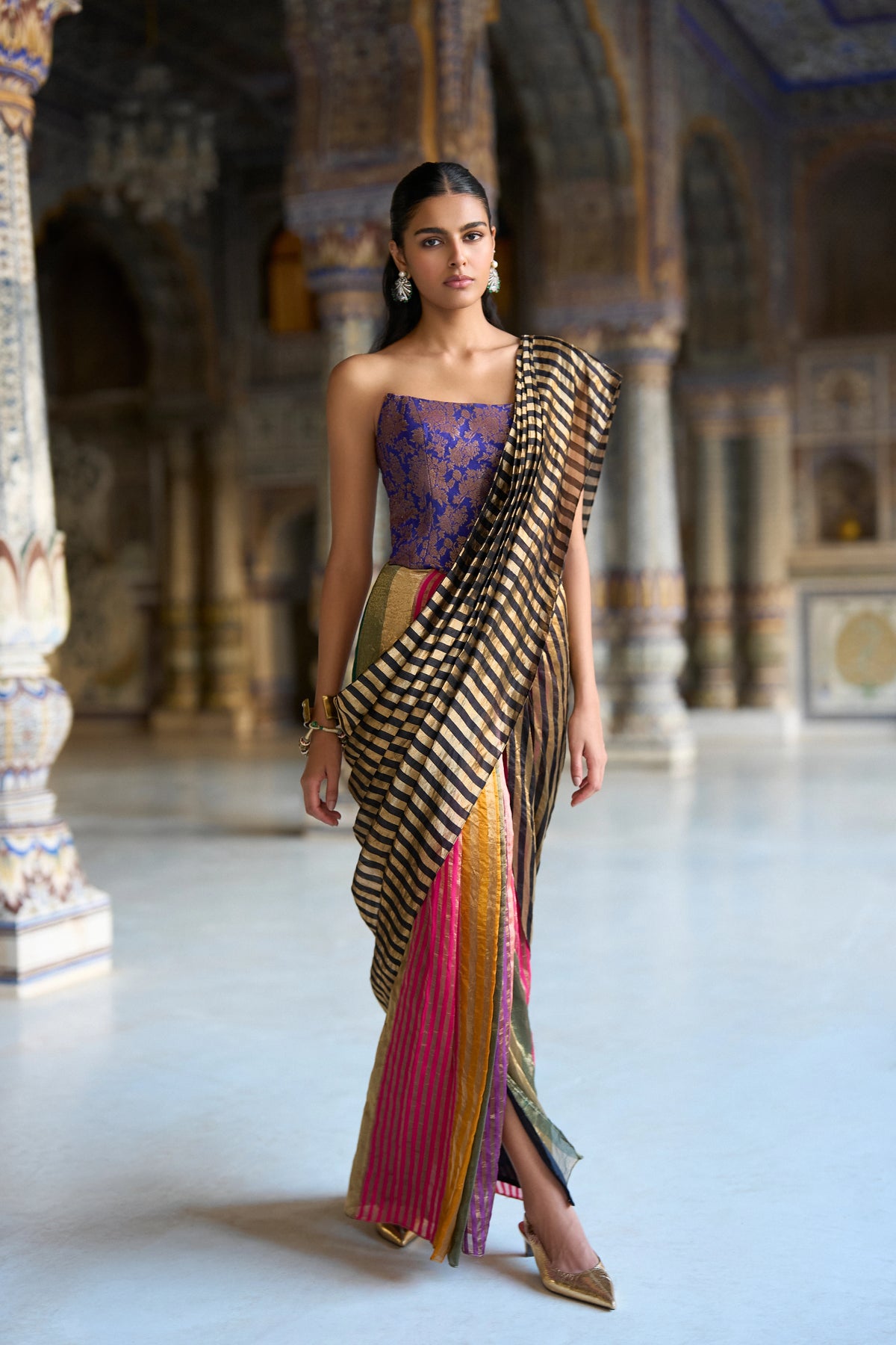 MULTICOLOUR STRIPE BENARES TISSUE SARI DRAPE SKIRT