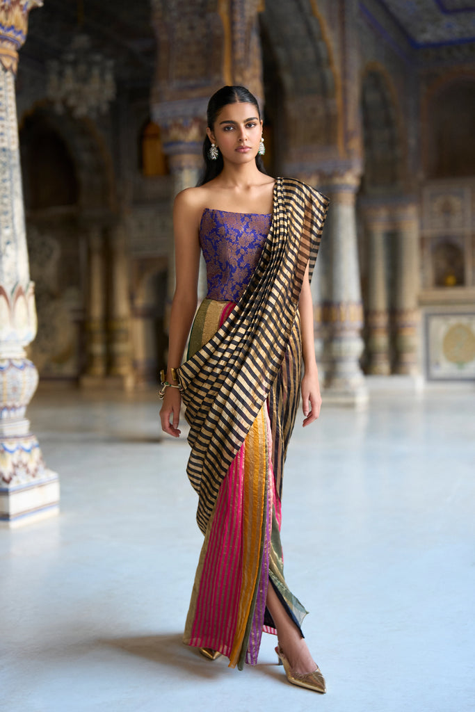 MULTICOLOUR STRIPE BENARES TISSUE SARI DRAPE SKIRT dash and dot