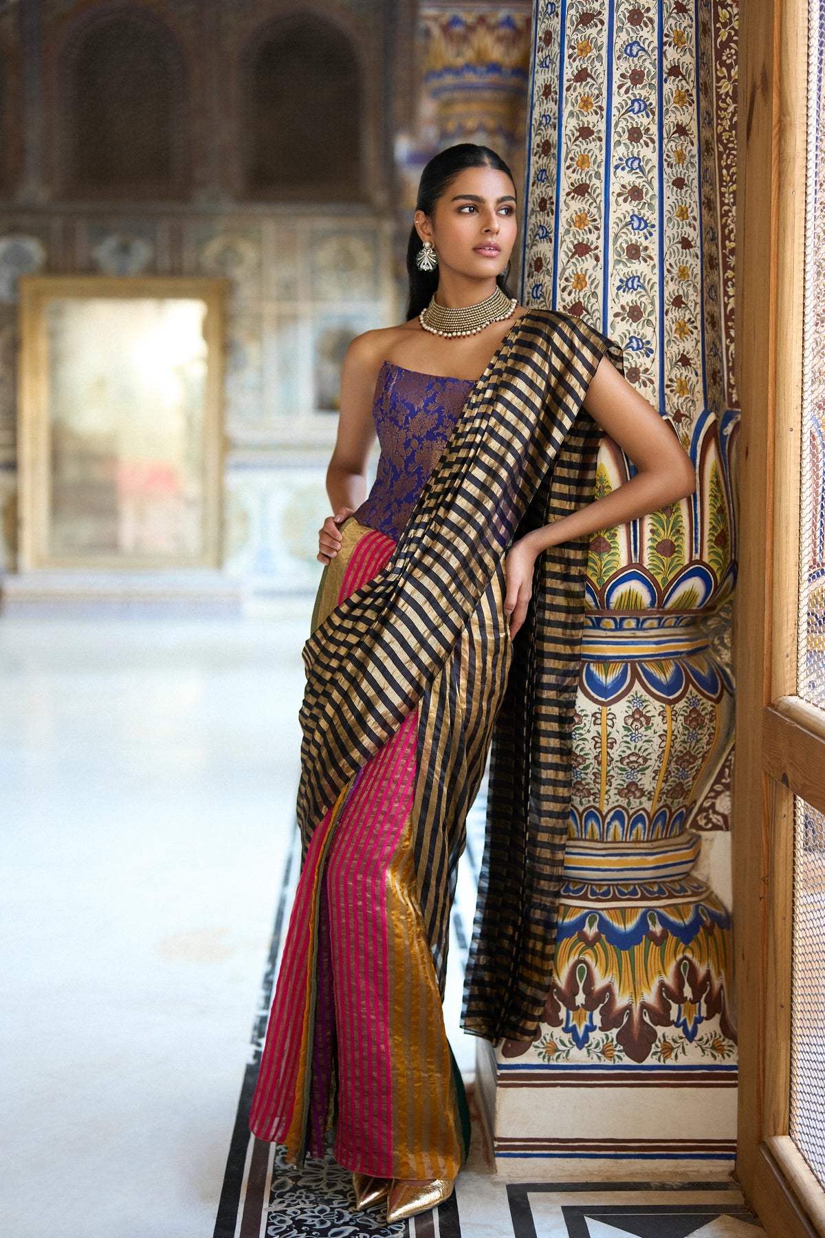 MULTICOLOUR STRIPE BENARES TISSUE SARI DRAPE SKIRT