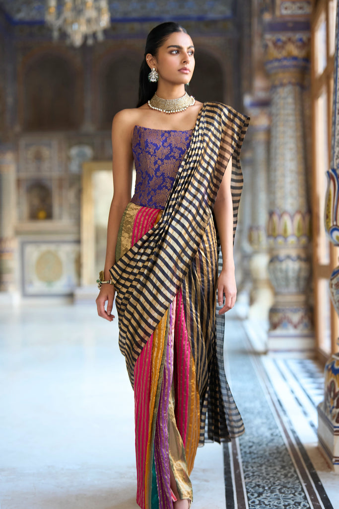 MULTICOLOUR STRIPE BENARES TISSUE SARI DRAPE SKIRT dash and dot