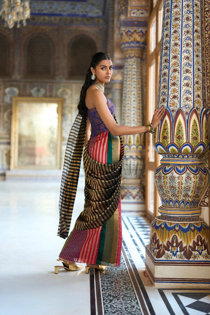 MULTICOLOUR STRIPE BENARES TISSUE SARI DRAPE SKIRT dash and dot