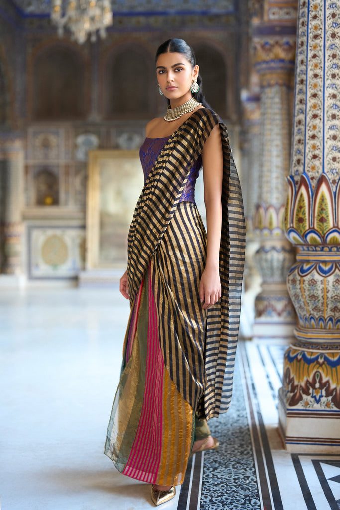 MULTICOLOUR STRIPE BENARES TISSUE SARI DRAPE SKIRT dash and dot