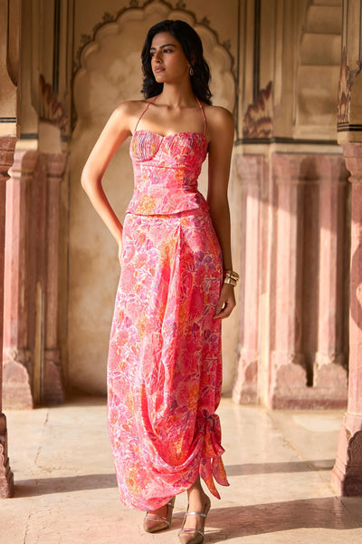 FLORAL PRINTED PLEATED CORSET & DRAPED SKIRT