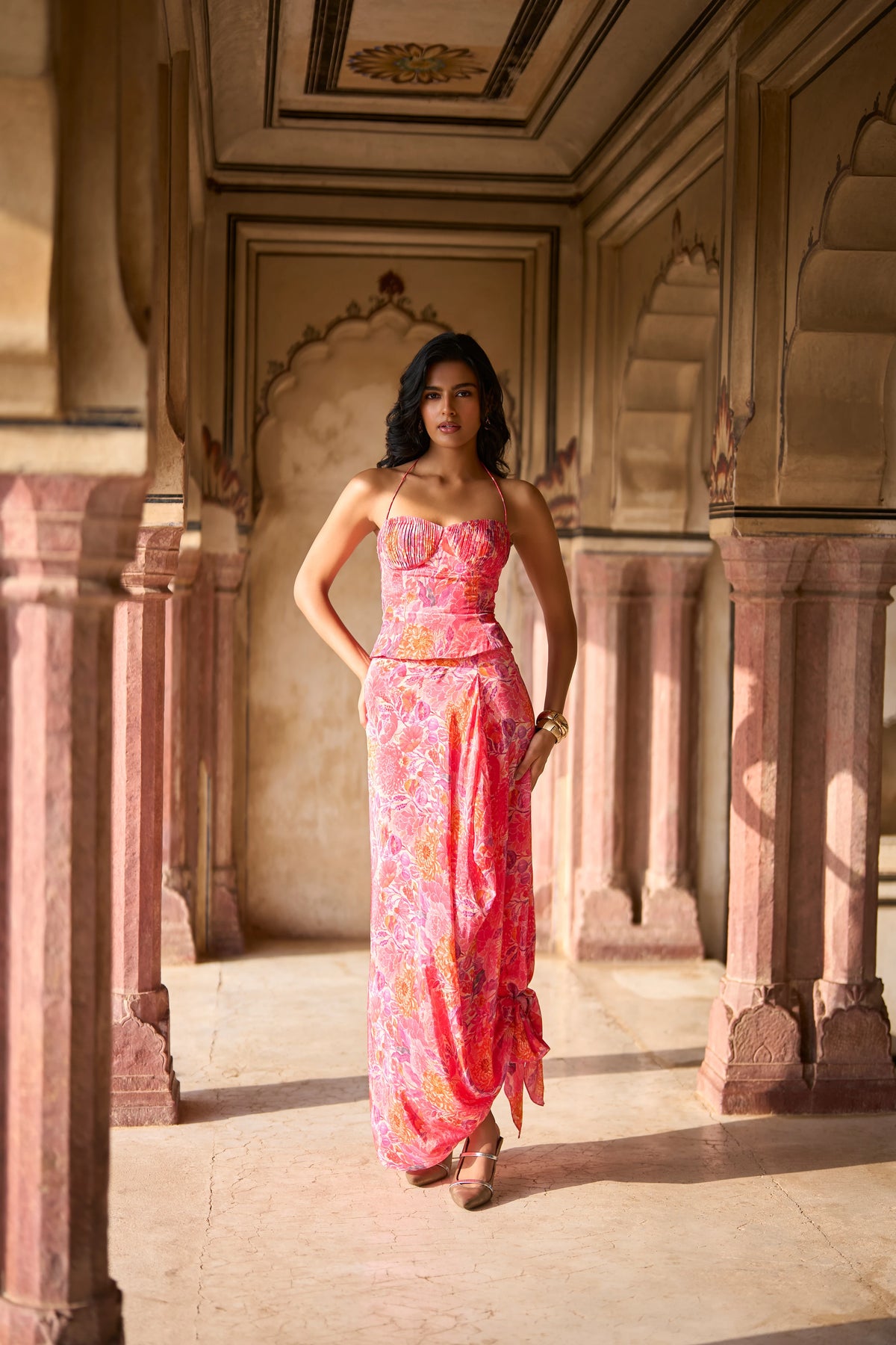 FLORAL PRINTED PLEATED CORSET & FLORAL PRINTED DRAPED SKIRT
