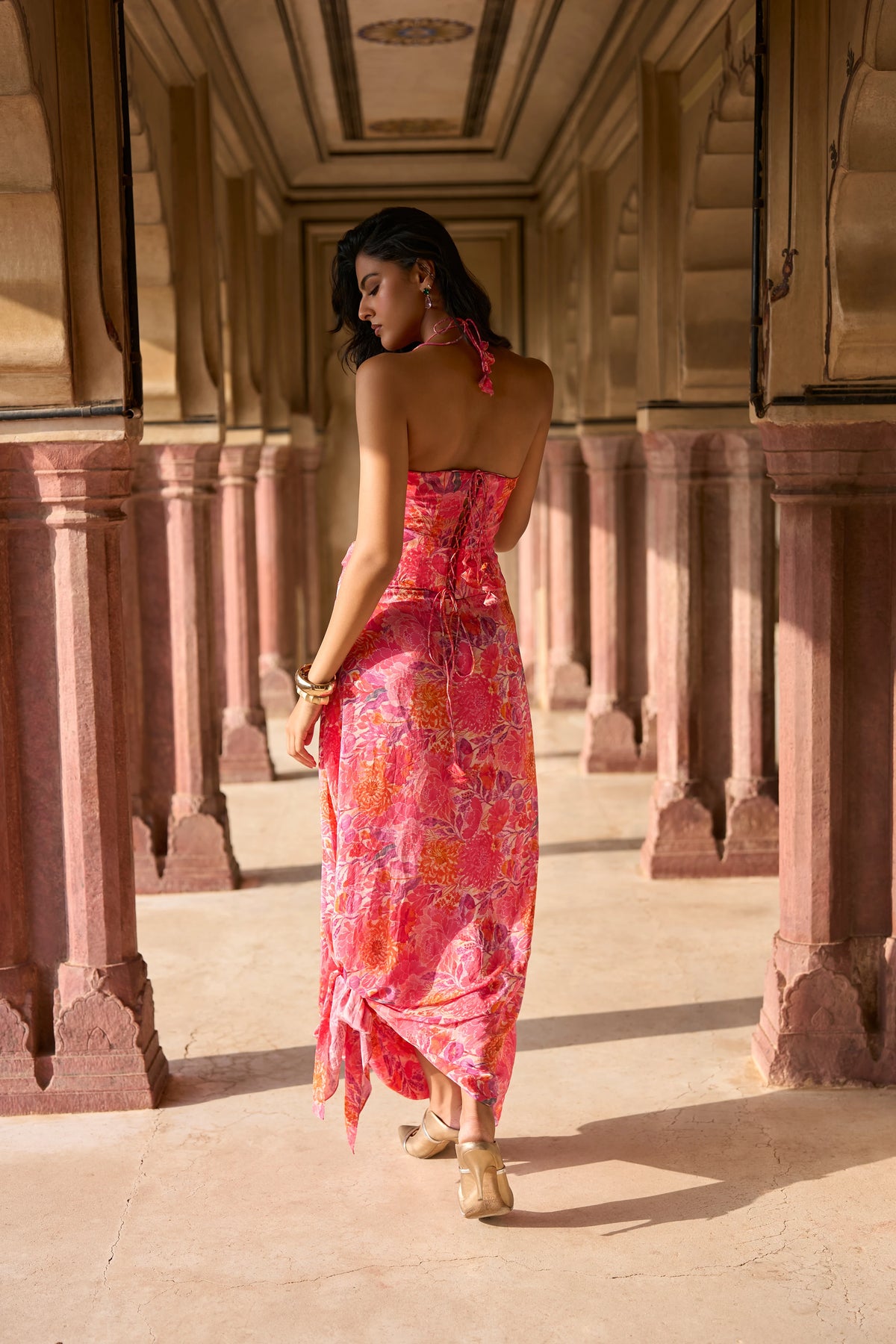 FLORAL PRINTED PLEATED CORSET & FLORAL PRINTED DRAPED SKIRT