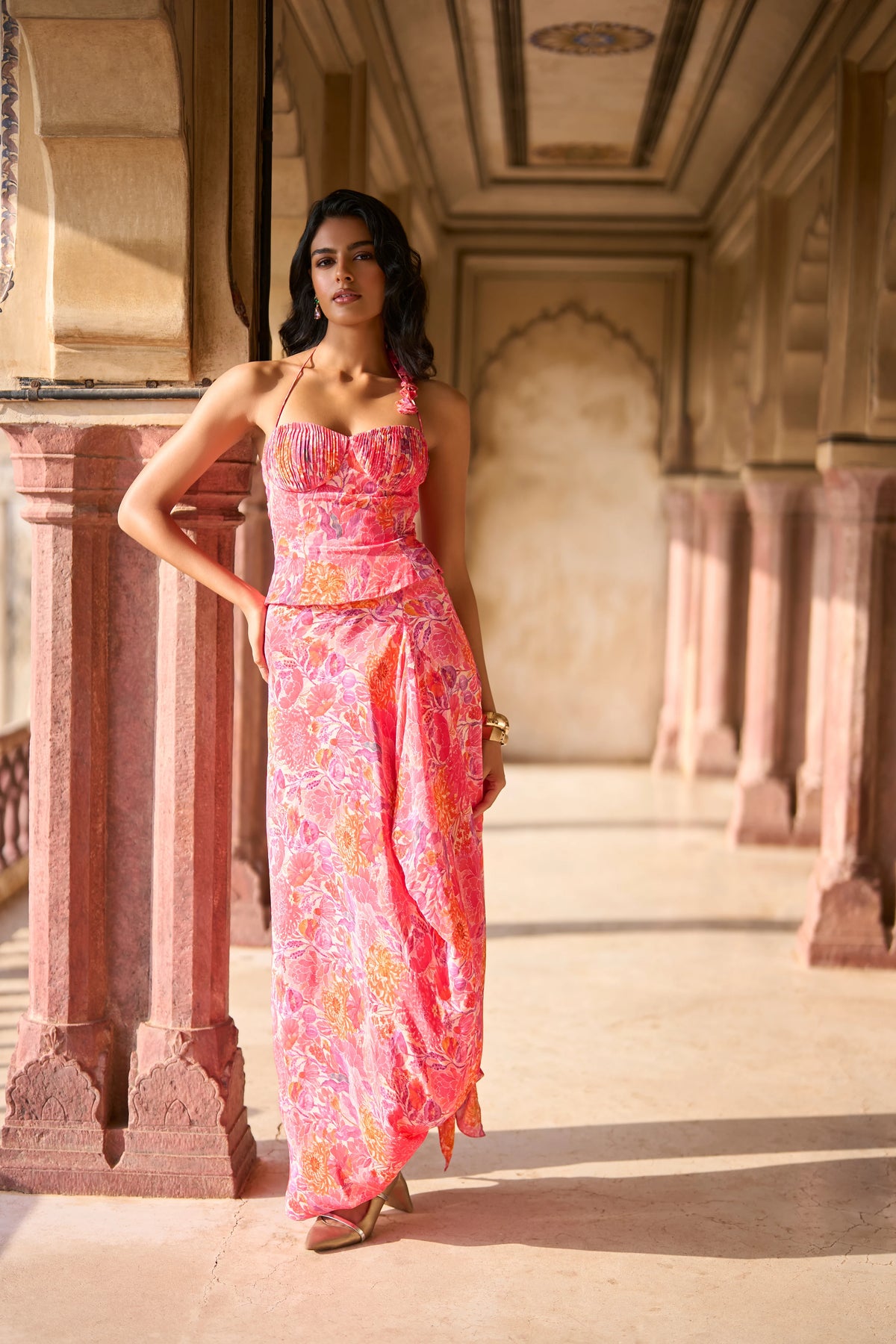 FLORAL PRINTED PLEATED CORSET & FLORAL PRINTED DRAPED SKIRT