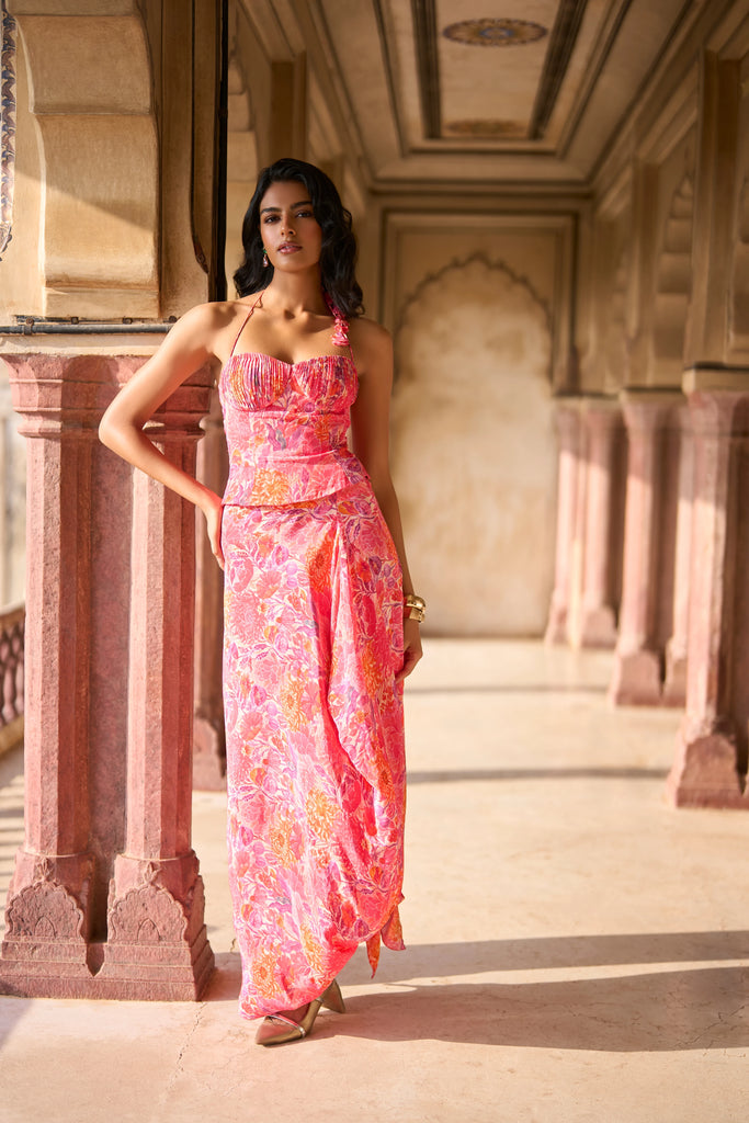 FLORAL PRINTED PLEATED CORSET & FLORAL PRINTED DRAPED SKIRT dash and dot