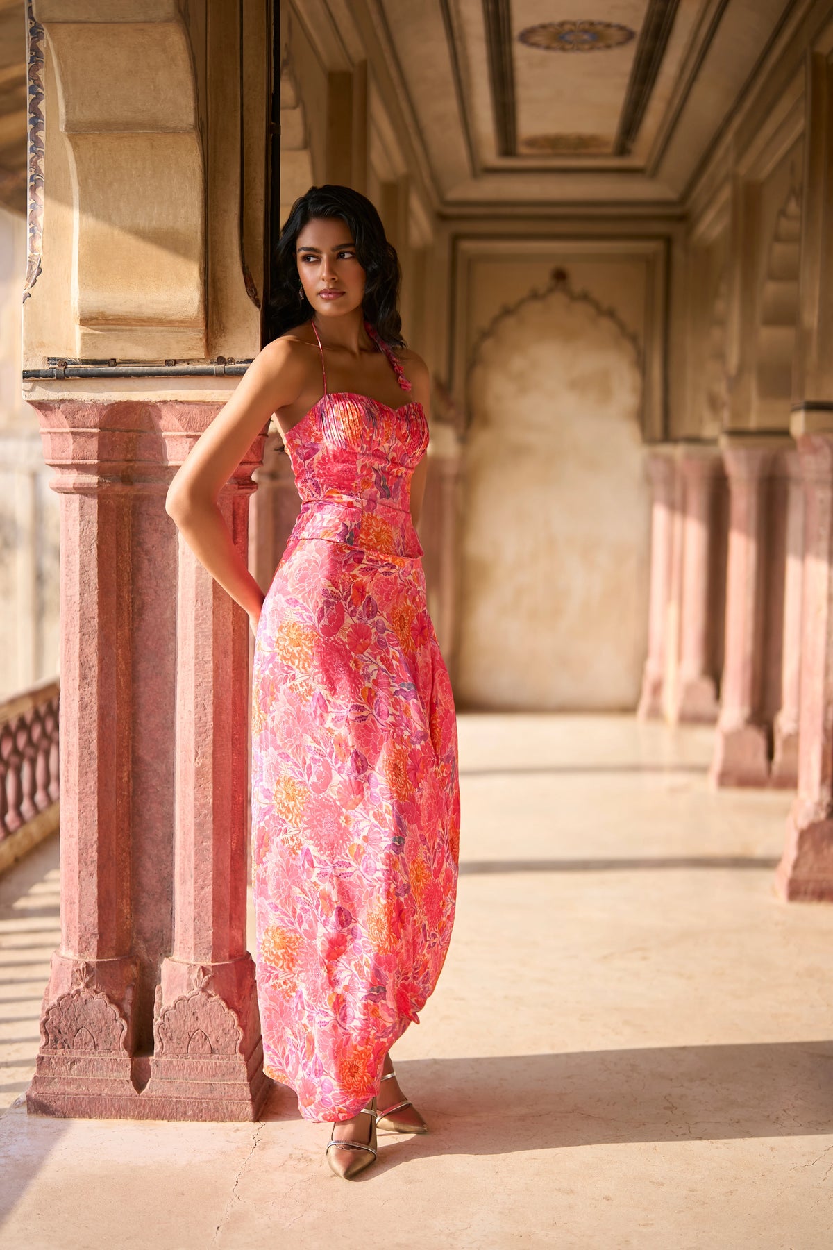FLORAL PRINTED PLEATED CORSET