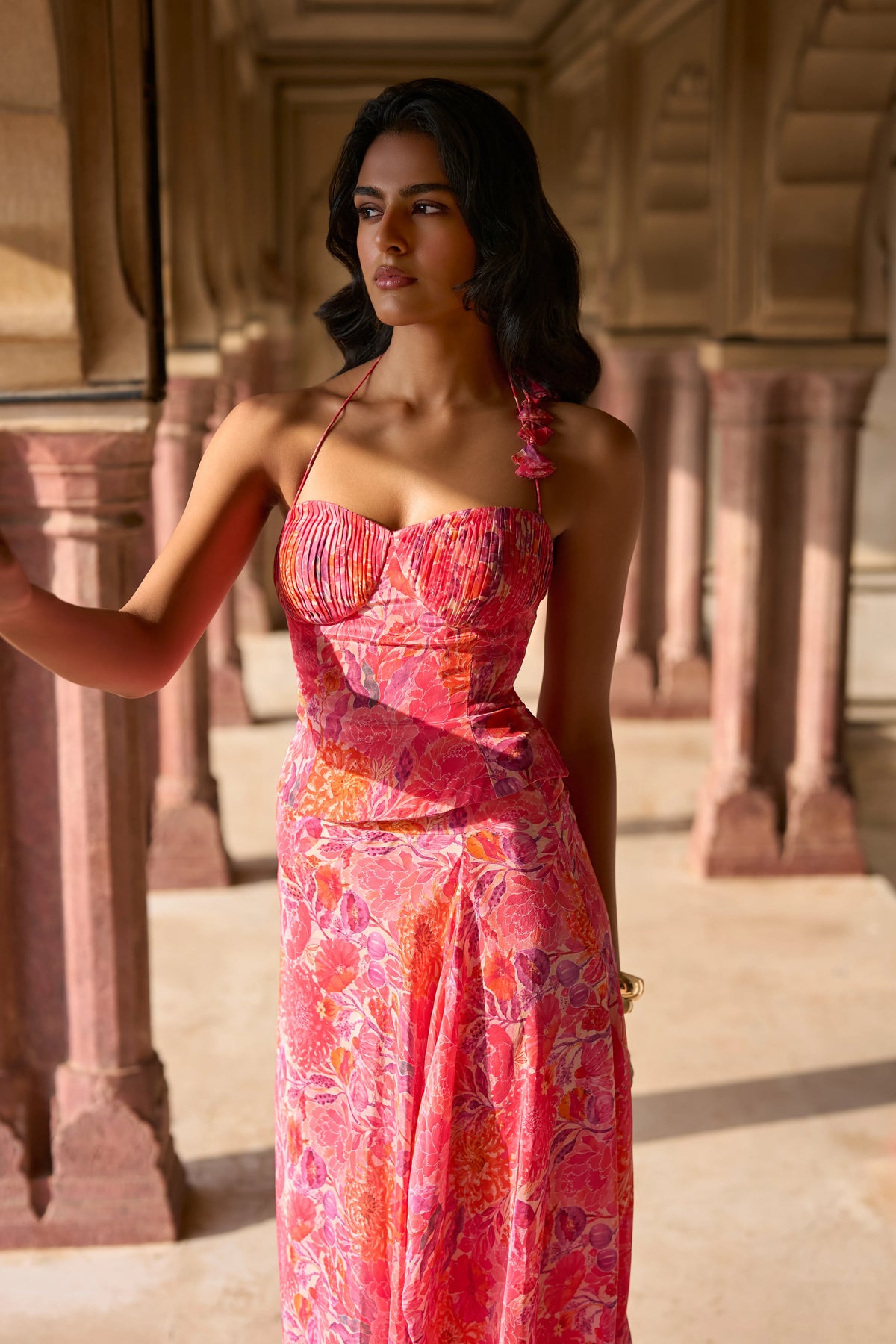 FLORAL PRINTED PLEATED CORSET