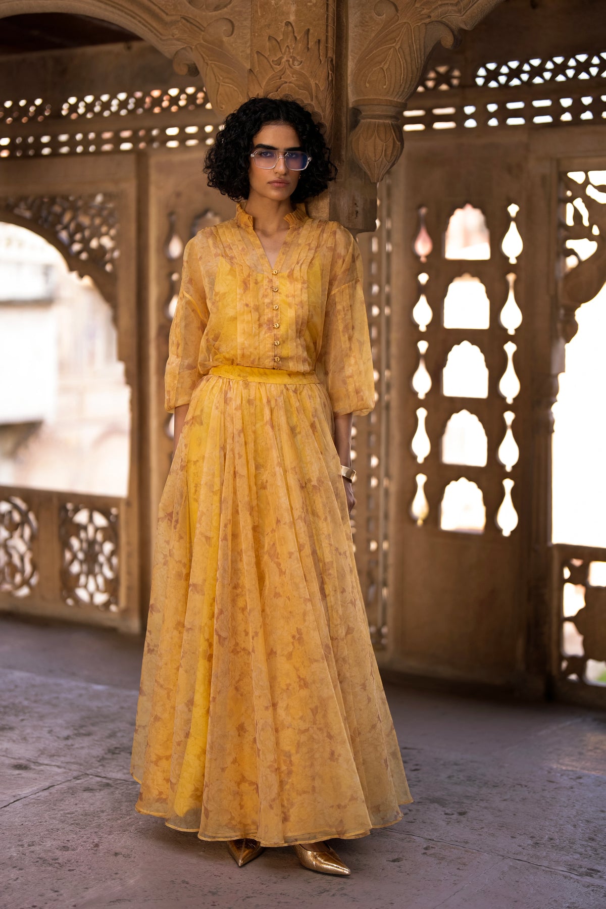 PRINTED ORGANZA PLEATED SHIRT & MAXI SKIRT SET