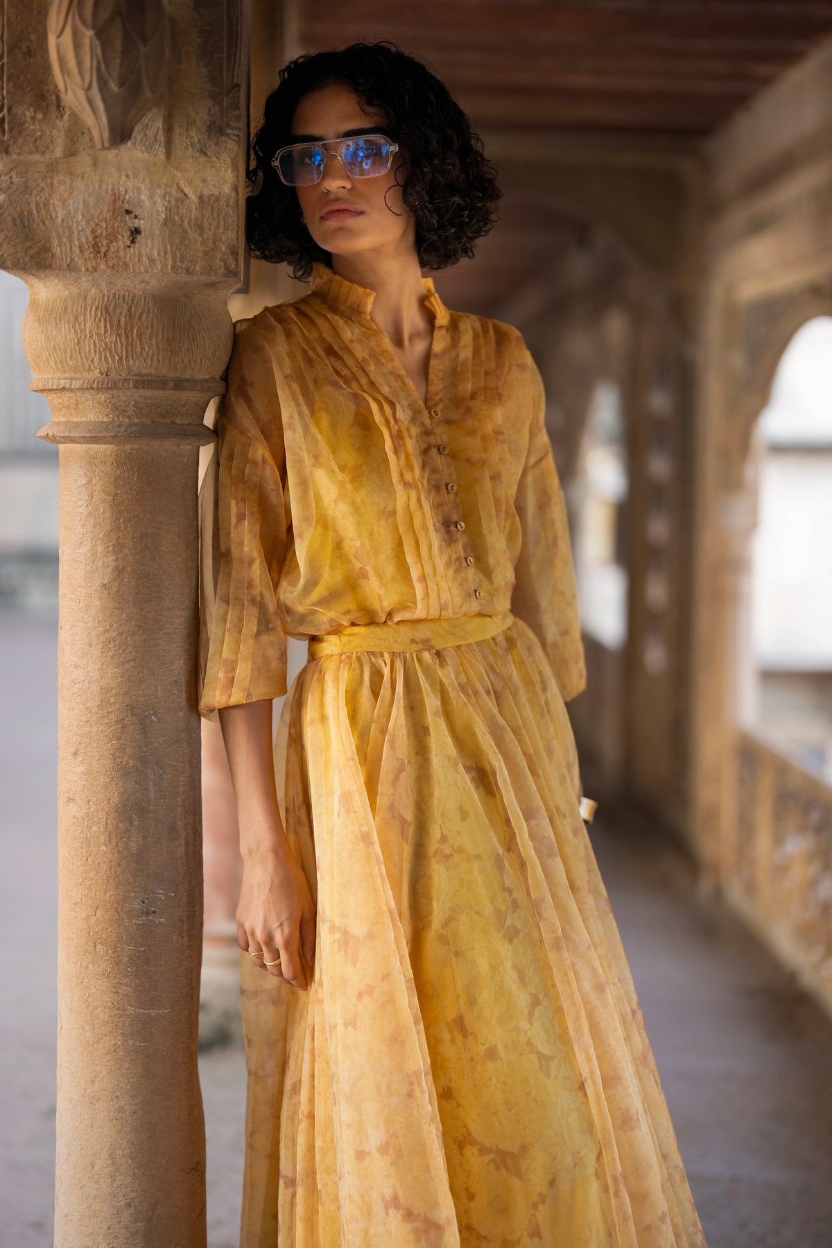 PRINTED ORGANZA PLEATED SHIRT & MAXI SKIRT SET