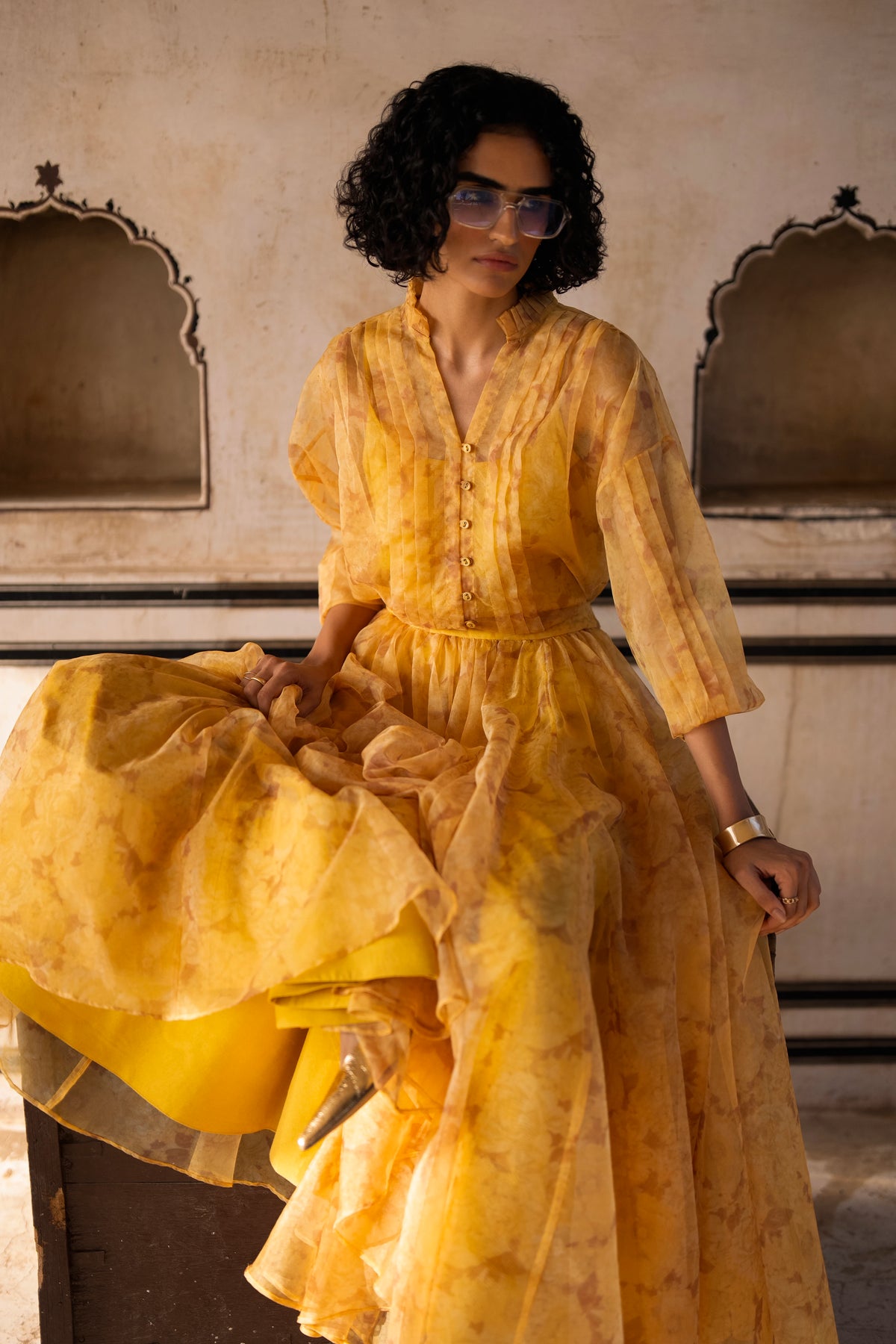 PRINTED ORGANZA PLEATED SHIRT