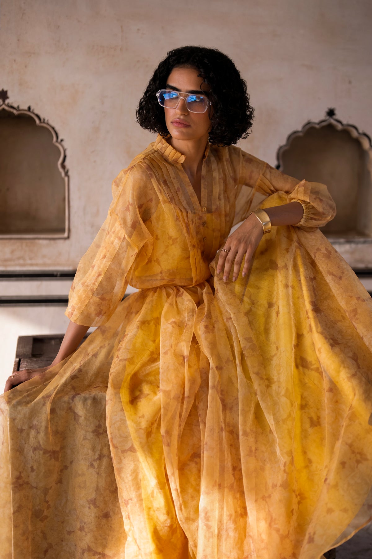 PRINTED ORGANZA PLEATED SHIRT