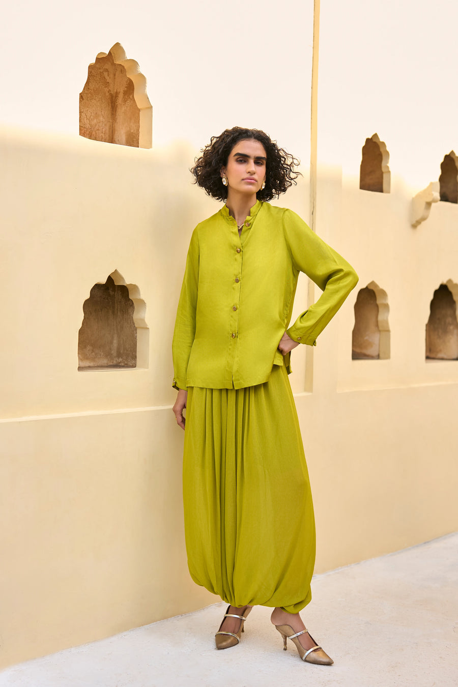 SATIN TWILL SHIRT & DRAPED COWL DHOTI PANT SET