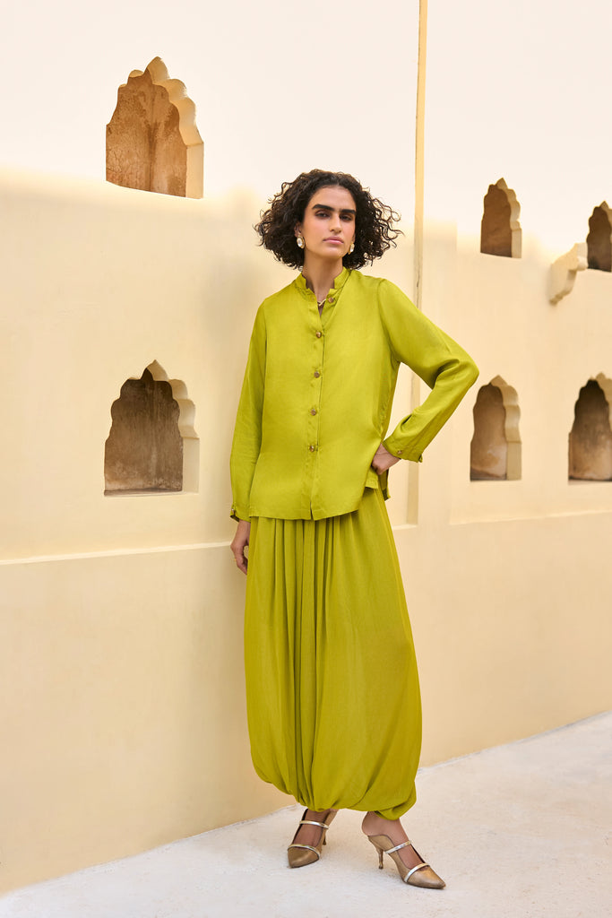 SATIN TWILL SHIRT & DRAPED COWL DHOTI PANT SET dash and dot