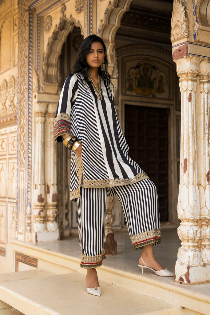 MONOCHROME STRIPED & EMBROIDERED TOP & PANT SET dash and dot