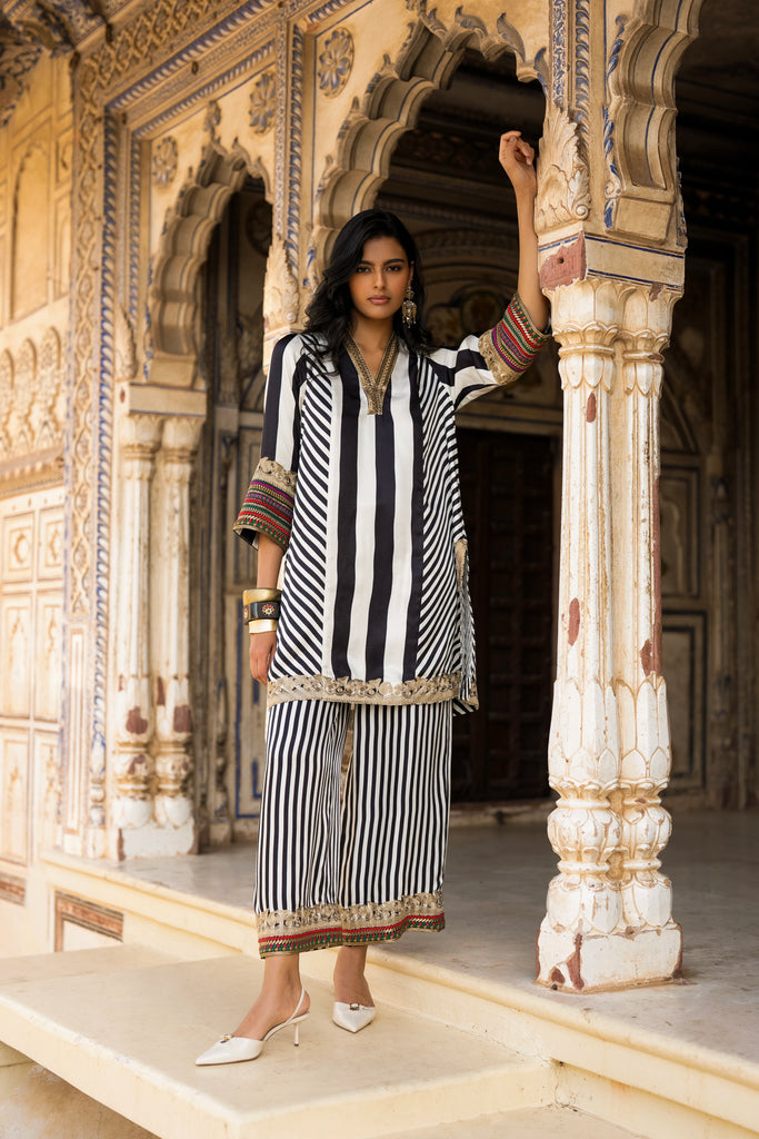 MONOCHROME STRIPED & EMBROIDERED TOP & PANT SET dash and dot