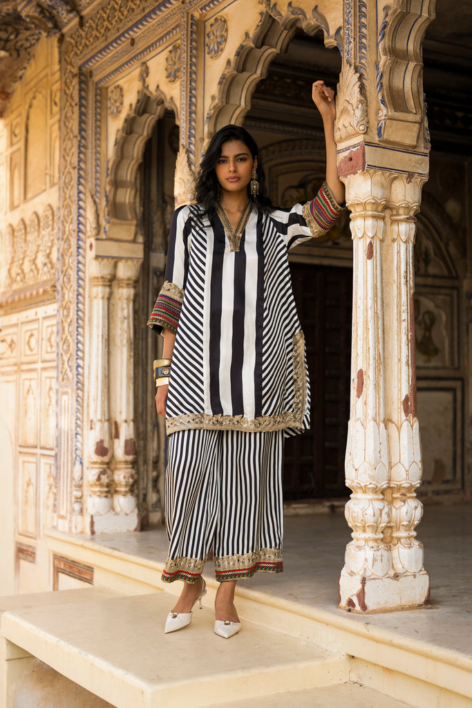 MONOCHROME STRIPED & EMBROIDERED TOP & PANT SET dash and dot