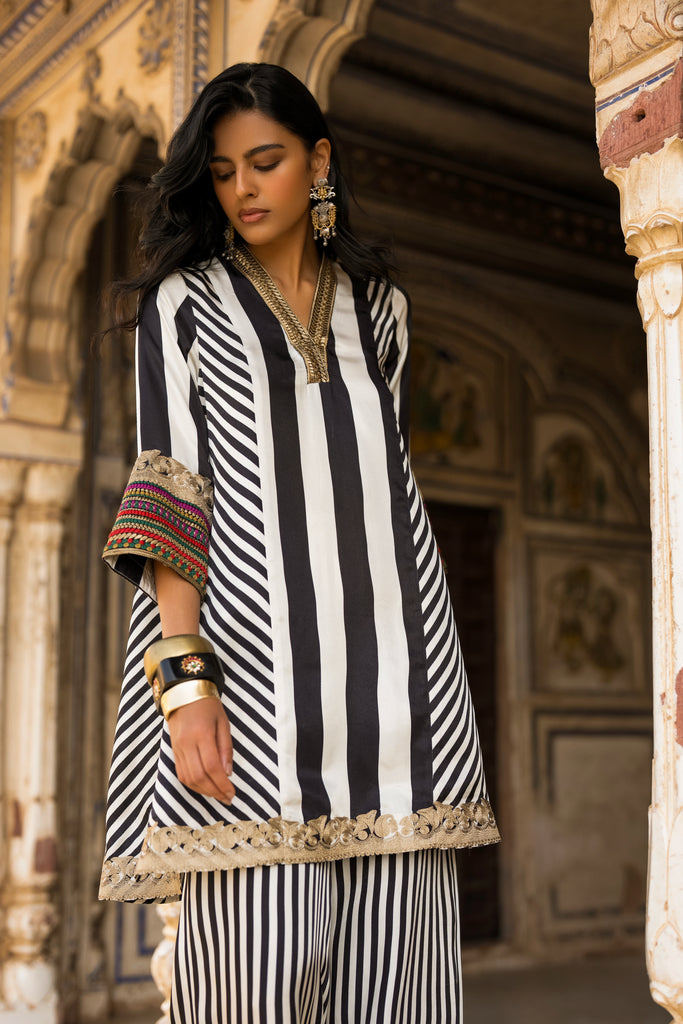 MONOCHROME STRIPED & EMBROIDERED TOP & PANT SET dash and dot