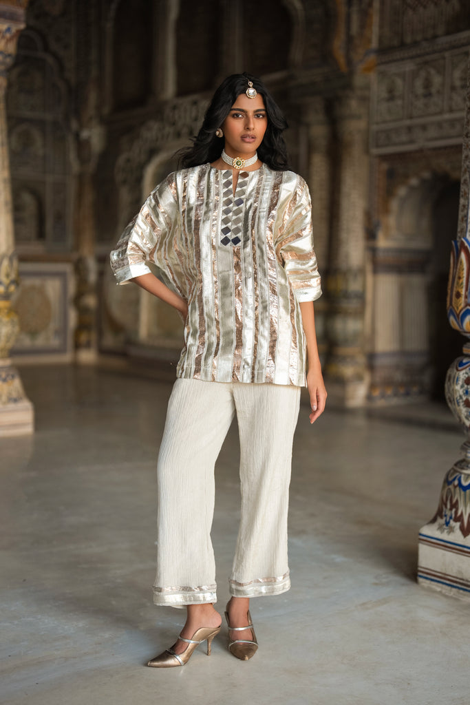 TEXTURED GOTA STRIPE TOP & CRUSHED METALLIC TISSUE PANT dash and dot