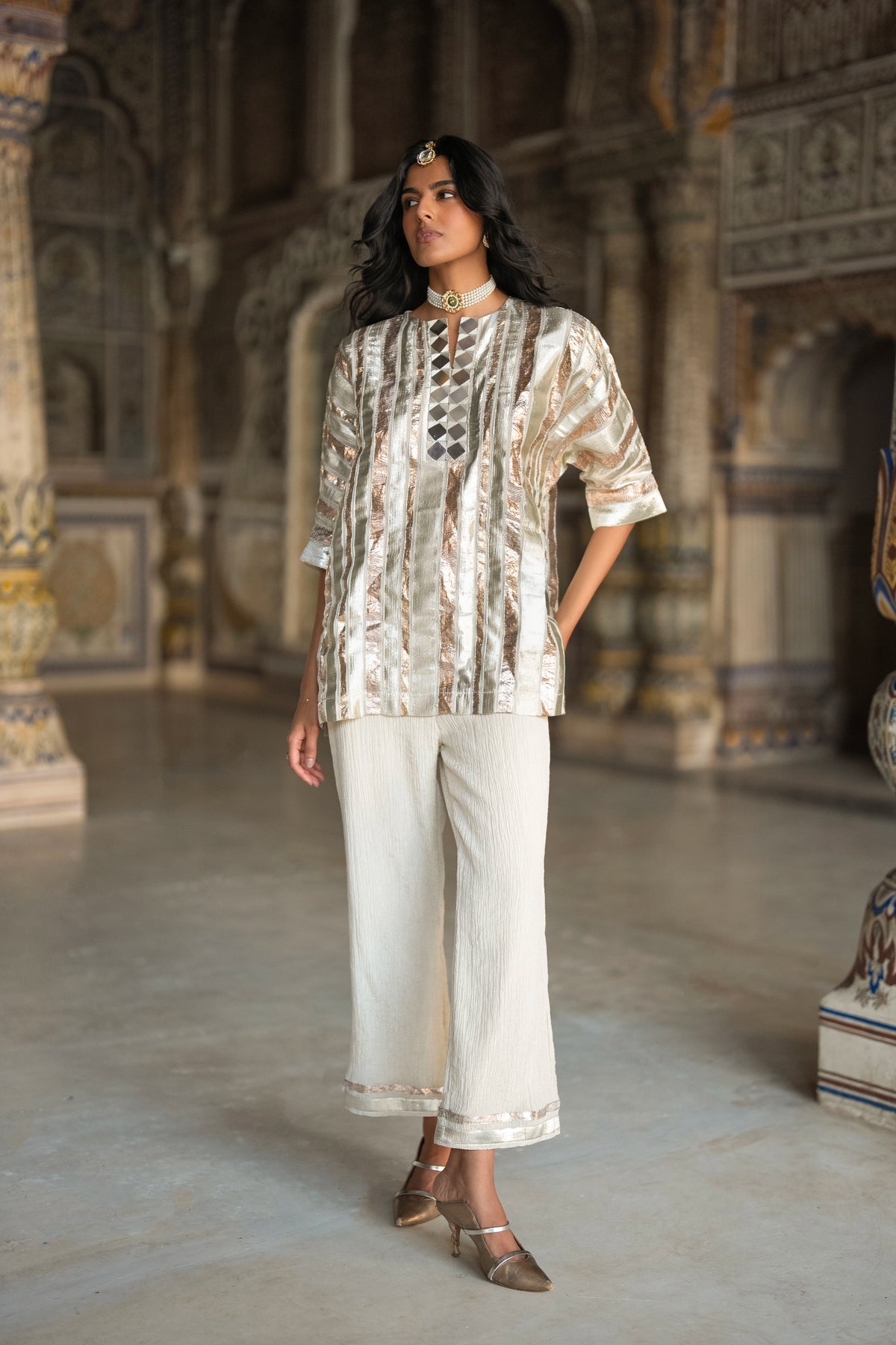 TEXTURED GOTA STRIPE TOP & CRUSHED METALLIC TISSUE PANT