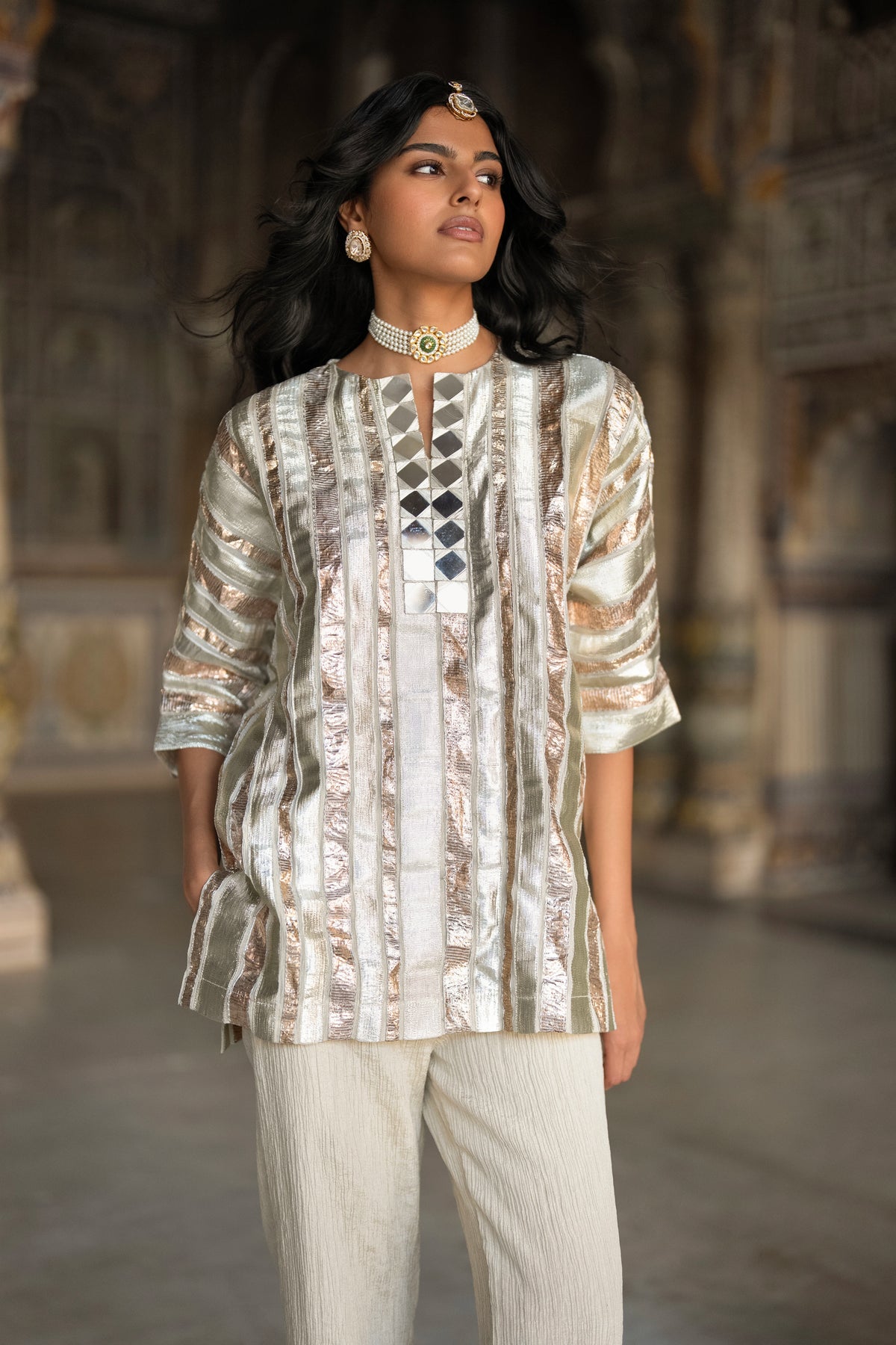 TEXTURED GOTA STRIPE TOP & CRUSHED METALLIC TISSUE PANT