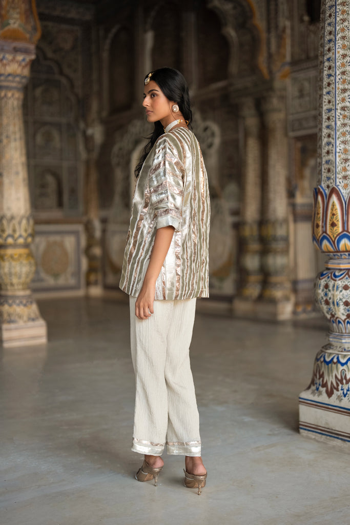 TEXTURED GOTA STRIPE TOP & CRUSHED METALLIC TISSUE PANT dash and dot
