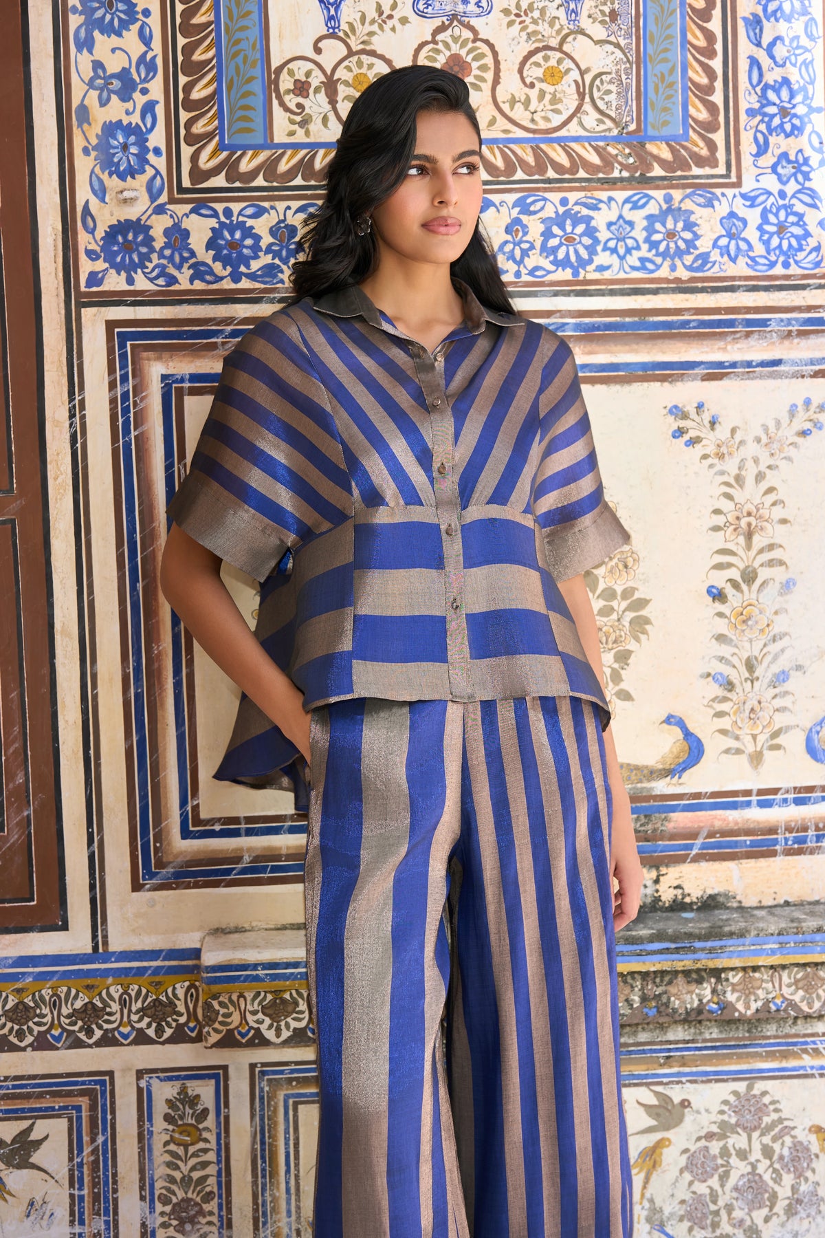 BENARES TISSUE STRIPED KAFTAN SHIRT & PANT SET