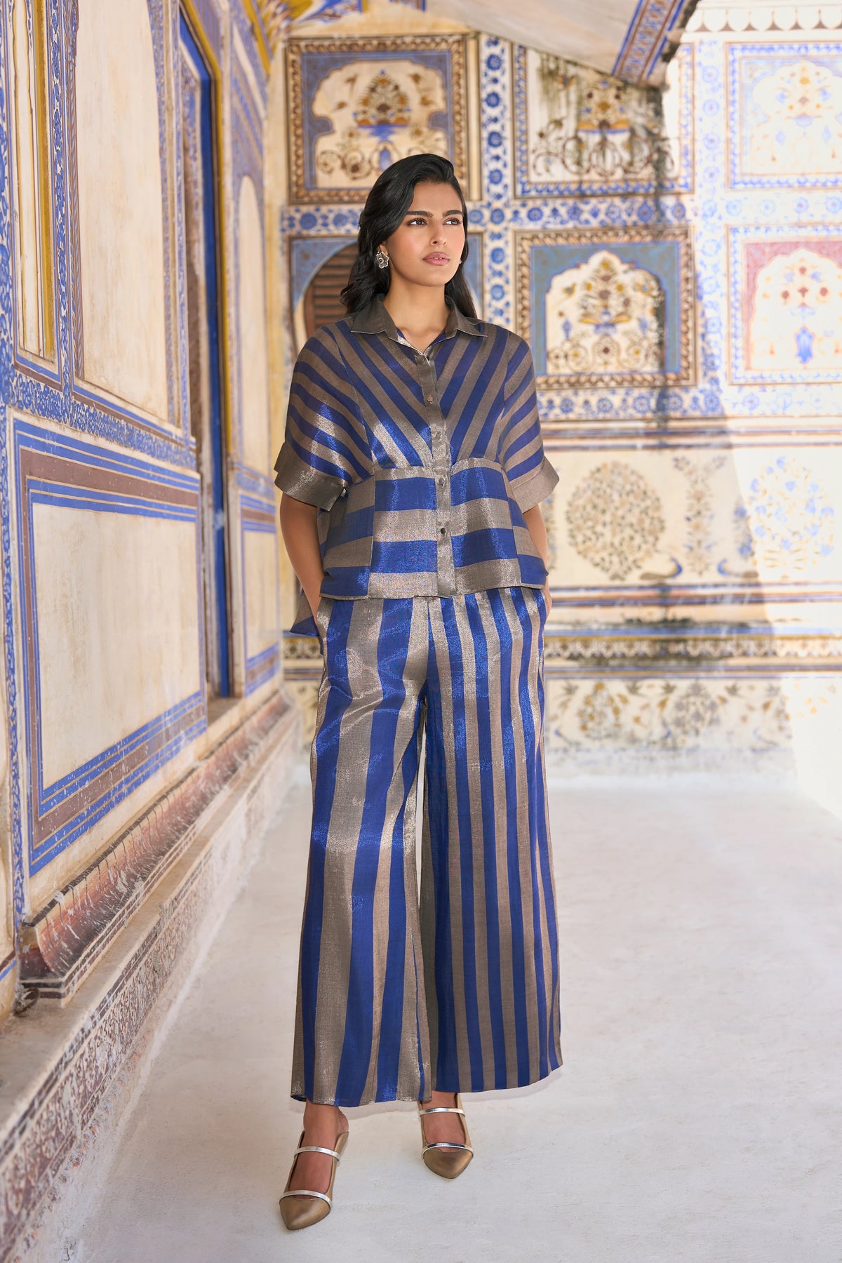 BENARES TISSUE STRIPED PEPLUM SHIRT