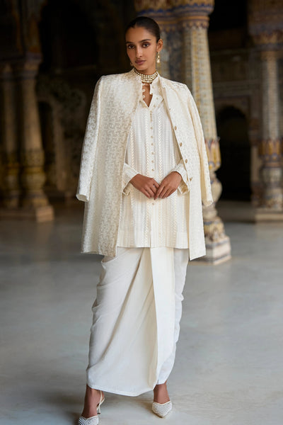 EMBROIDERED JACKET, LONGLINE SHIRT & DRAPED DHOTI PANT