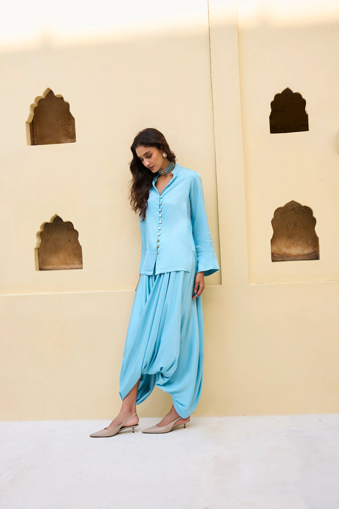 TEXTURED SATIN SHIRT & DRAPE COWL PANT dash and dot