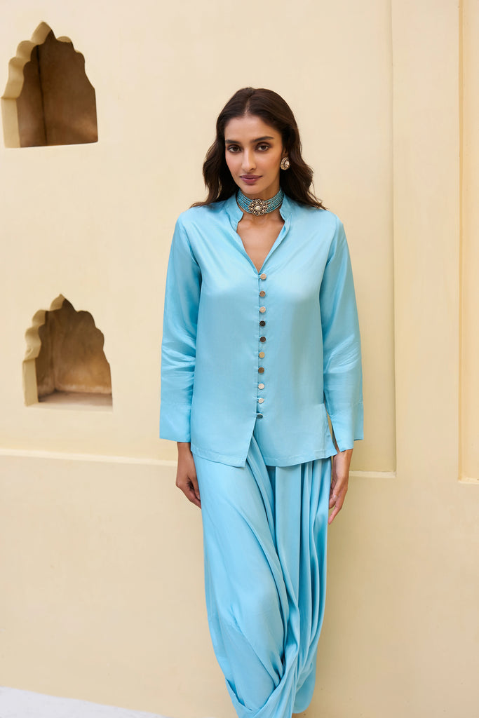 TEXTURED SATIN SHIRT & DRAPE COWL PANT dash and dot