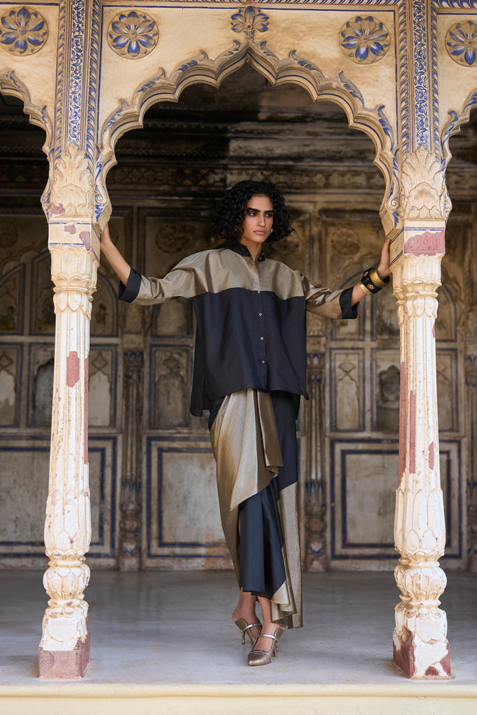BENARES TISSUE COLOUR BLOCKED SHIRT & DRAPED SKIRT SET dash and dot