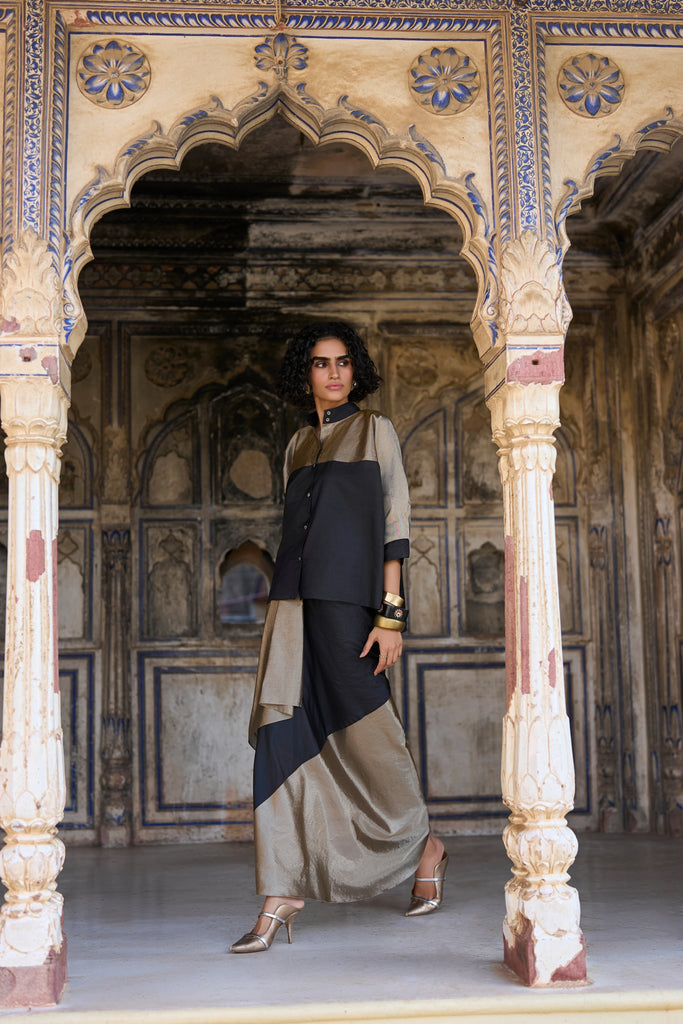 BENARES TISSUE COLOUR BLOCKED SHIRT & DRAPED SKIRT SET dash and dot