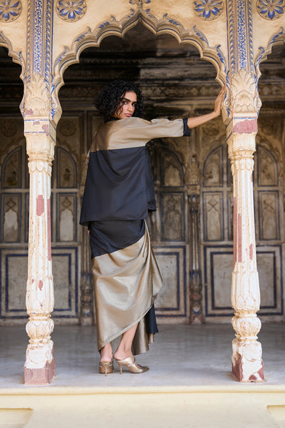 BENARES TISSUE COLOUR BLOCKED SHIRT & DRAPED SKIRT SET