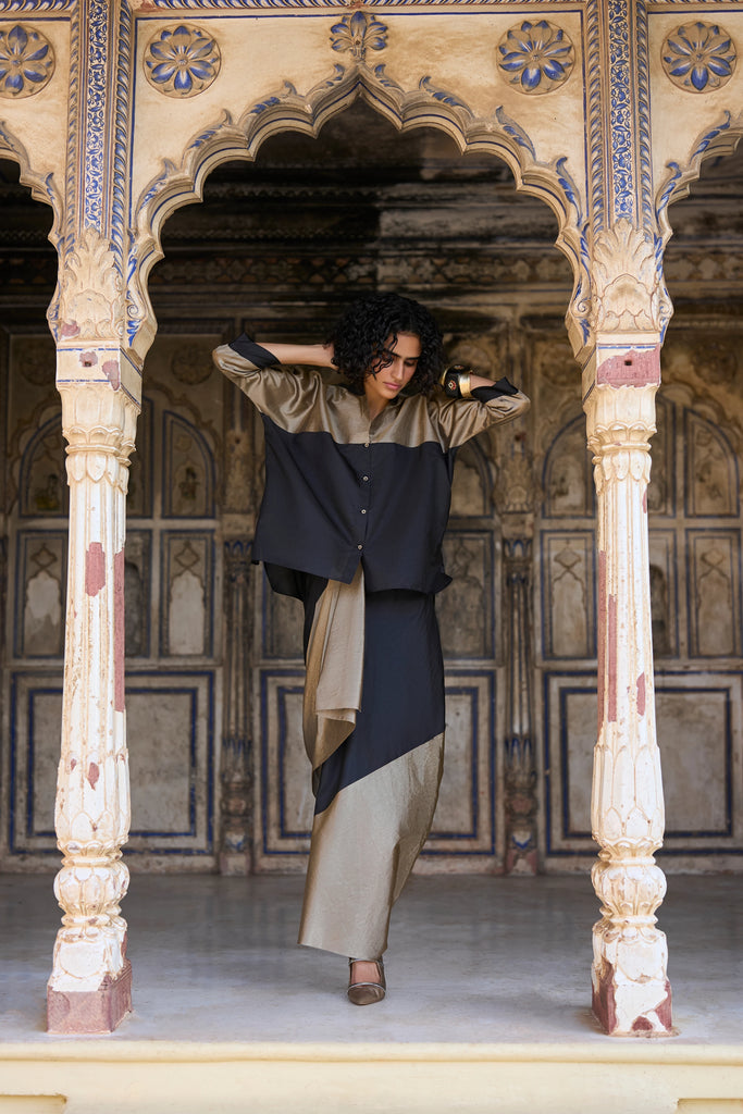 BENARES TISSUE COLOUR BLOCKED SHIRT dash and dot