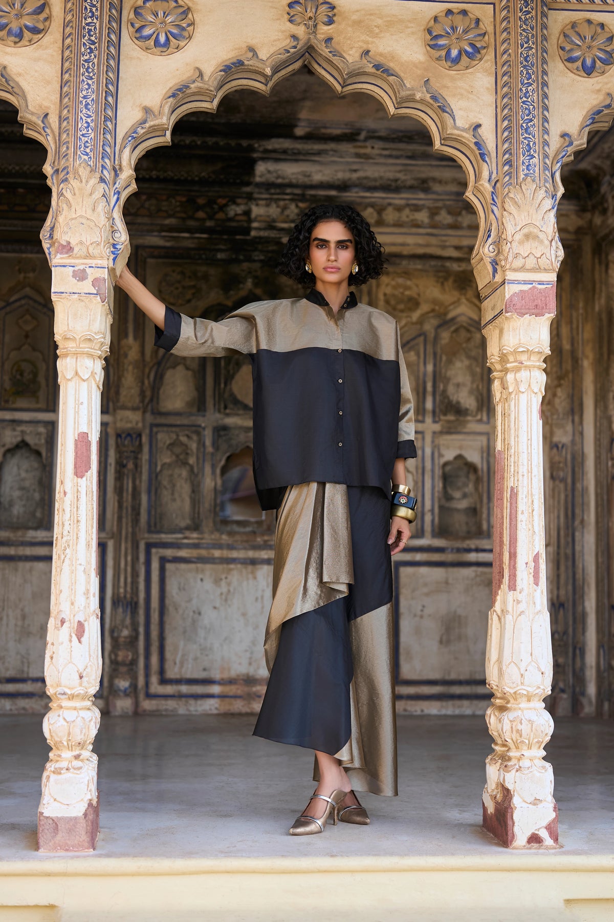 BENARES TISSUE COLOUR BLOCKED DRAPED SKIRT
