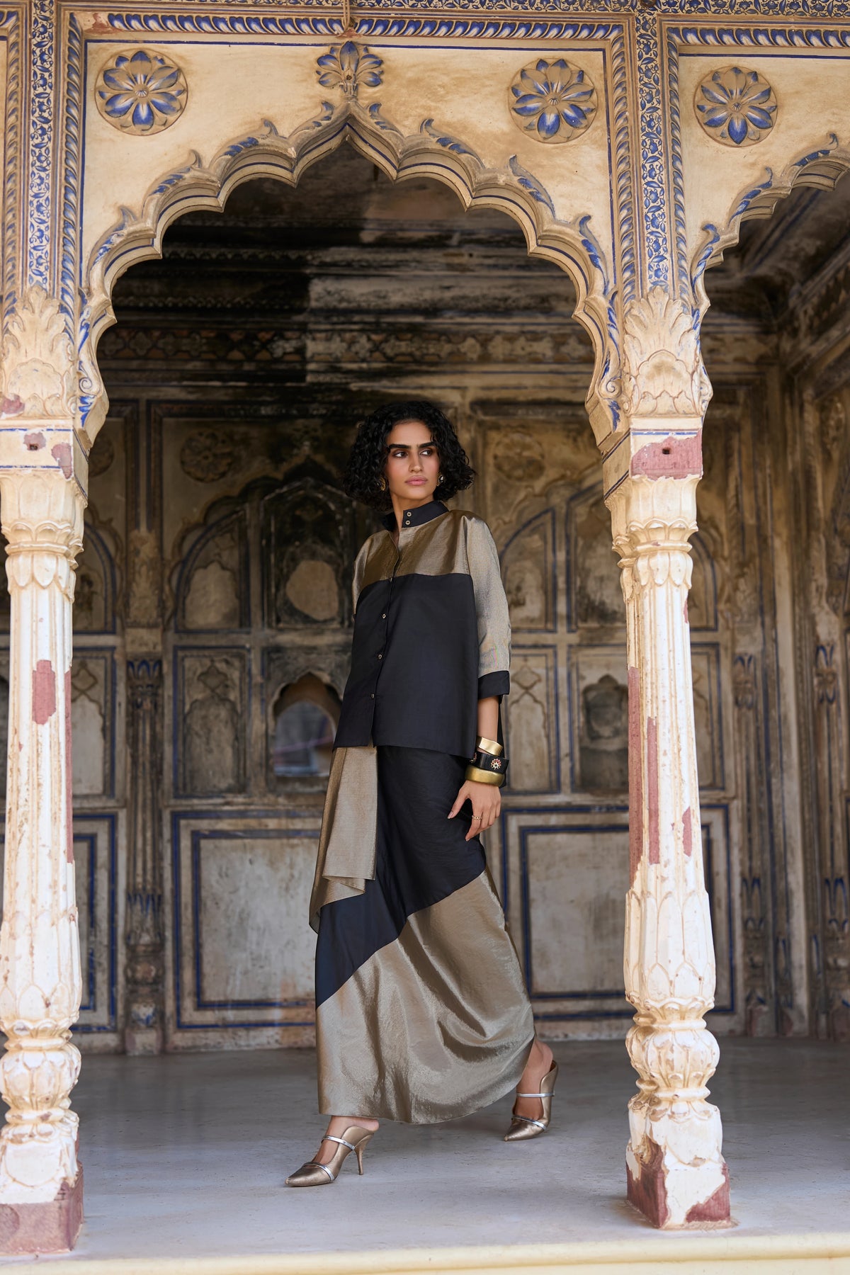 BENARES TISSUE COLOUR BLOCKED DRAPED SKIRT