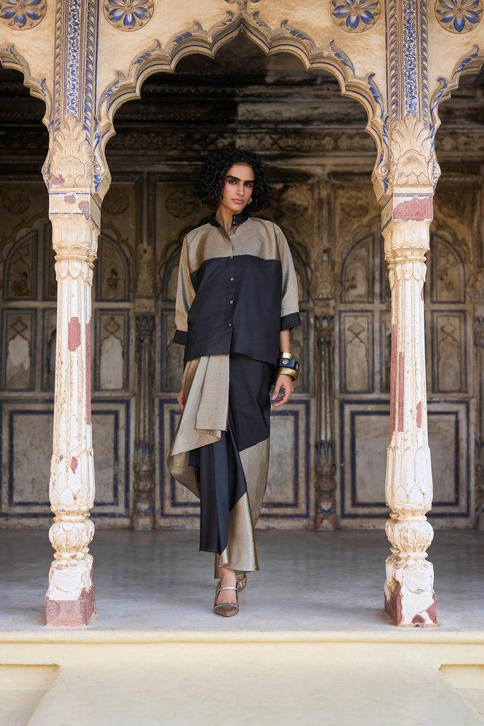 BENARES TISSUE COLOUR BLOCKED DRAPED SKIRT dash and dot