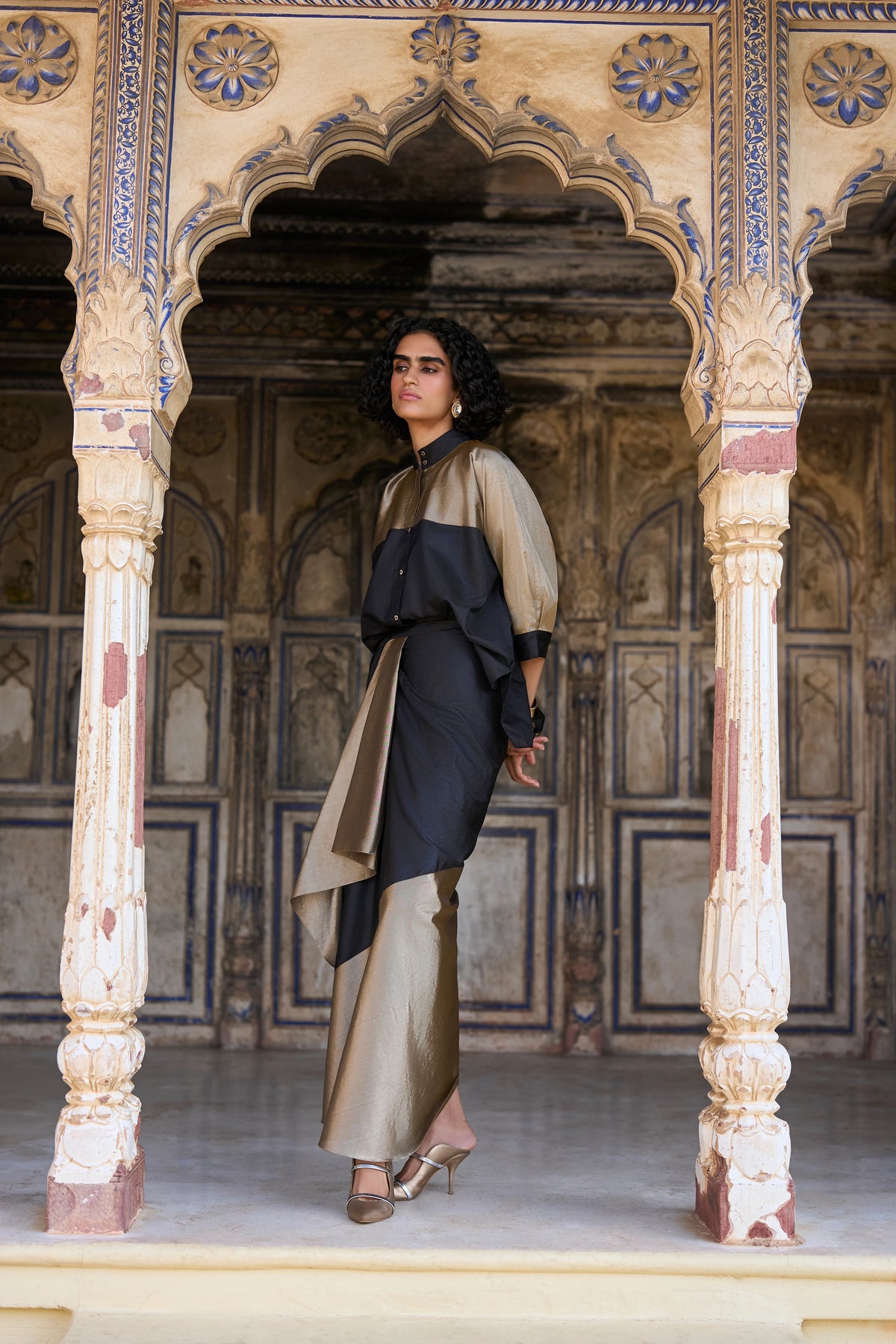 BENARES TISSUE COLOUR BLOCKED DRAPED SKIRT