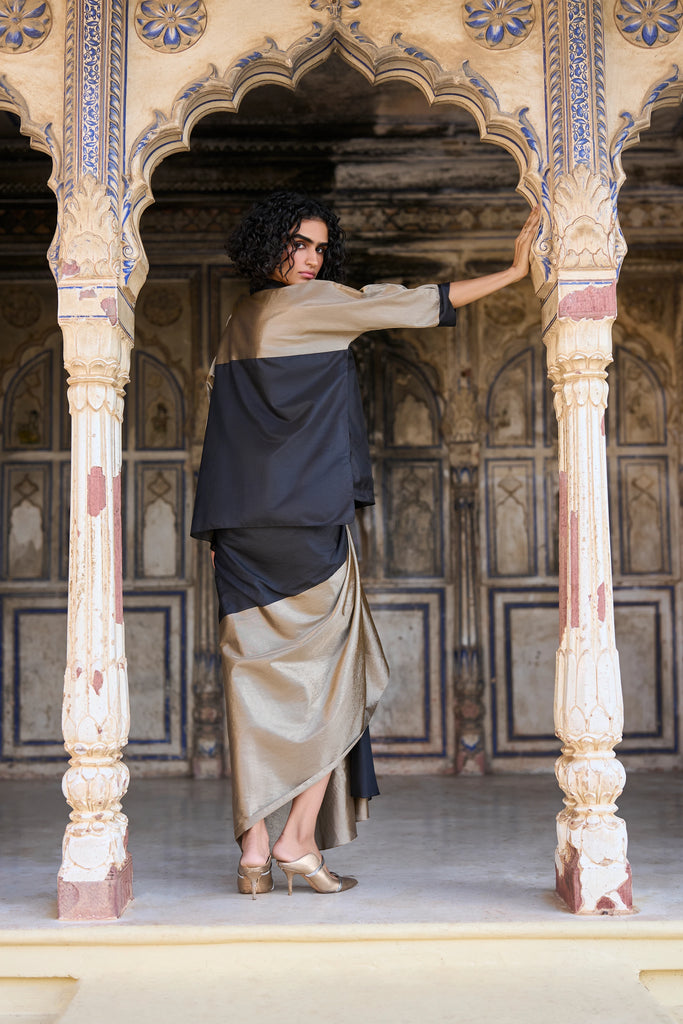 BENARES TISSUE COLOUR BLOCKED DRAPED SKIRT dash and dot
