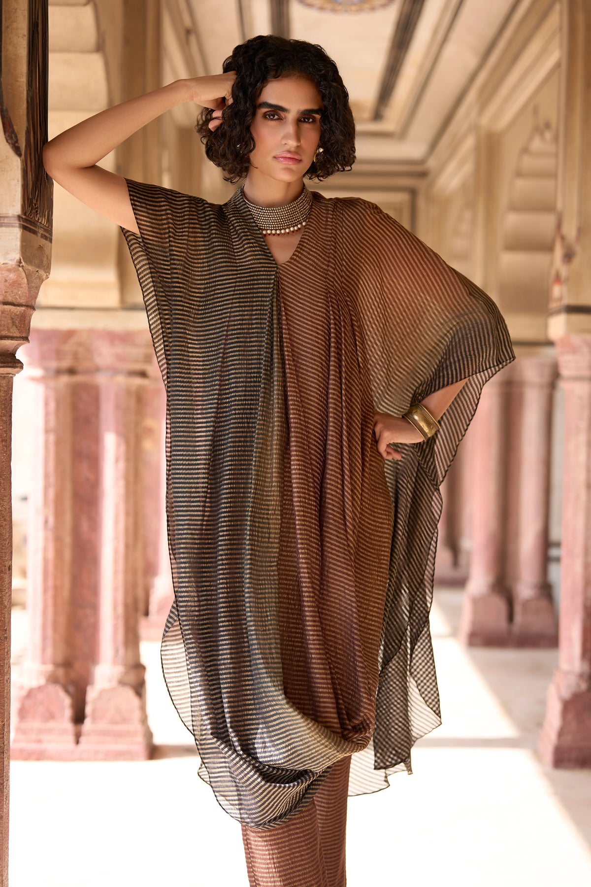 DRAPED OMBRÉ TISSUE KAFTAN TOP
