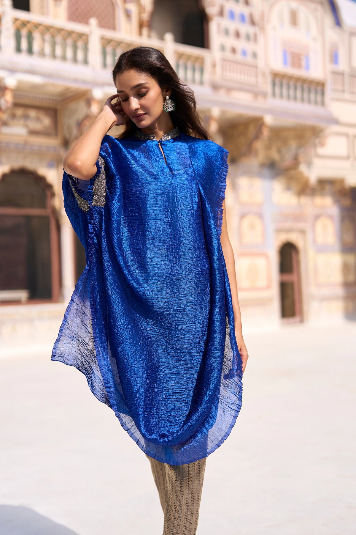 CRUSHED TISUE SINGLE SLEEVE EMBROIDERED TOP & BENARES BROCADE PANT