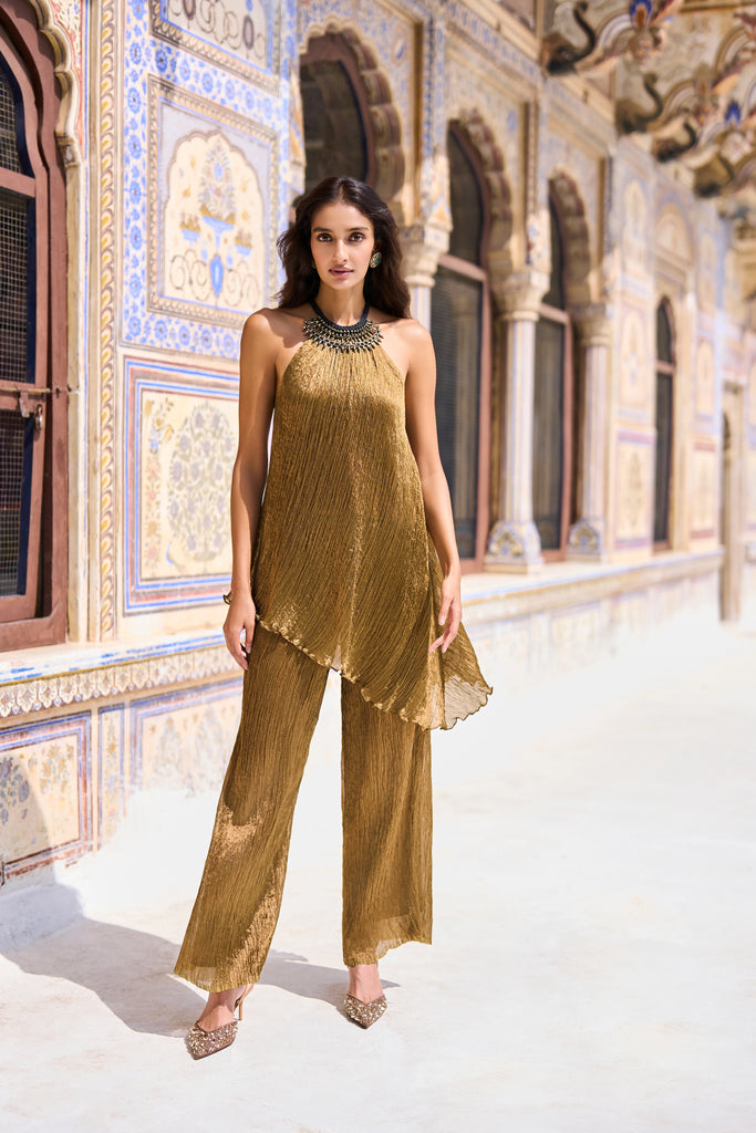 METALLIC CHOKER EMBROIDERED CRUSHED TISSUE TOP dash and dot