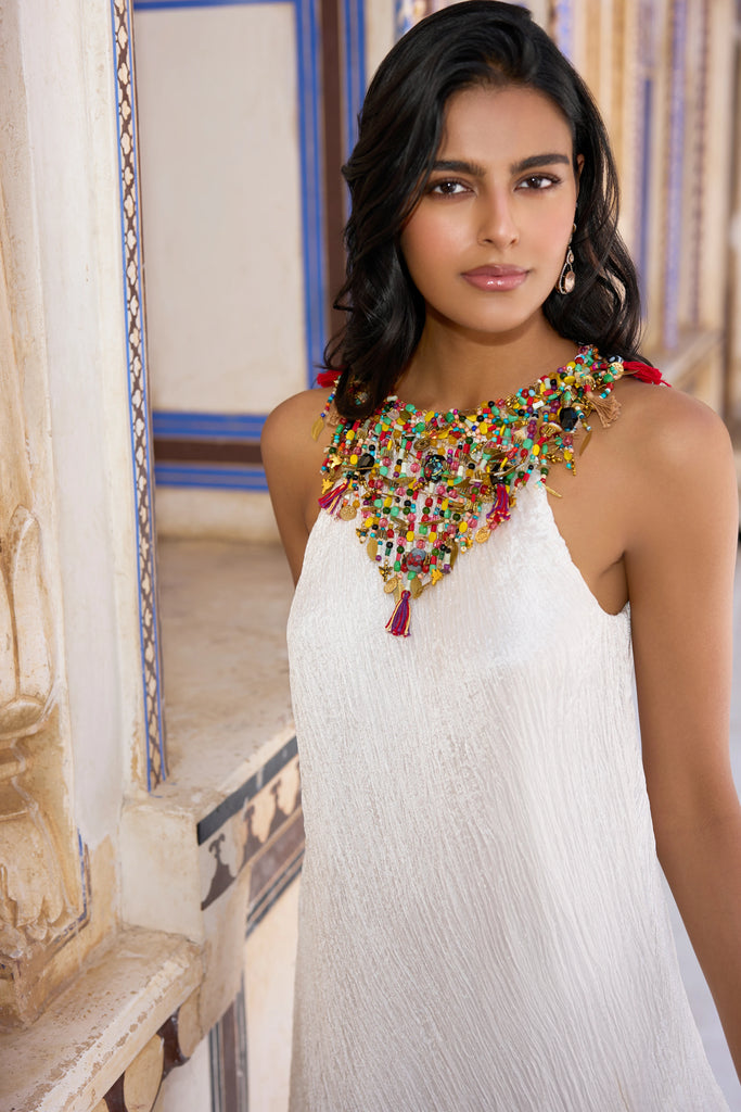 GEMSTONE CHOKER ASYMMETRIC CRUSHED DRESS dash and dot