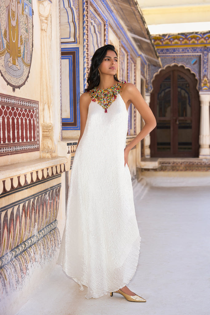 GEMSTONE CHOKER ASYMMETRIC CRUSHED DRESS dash and dot