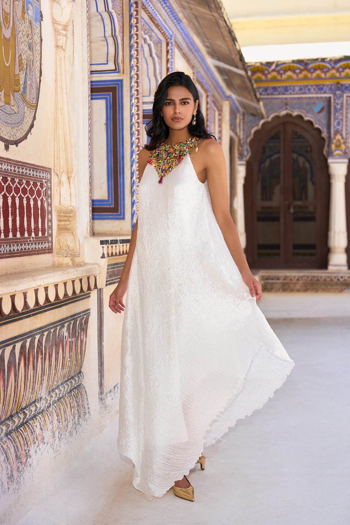 GEMSTONE CHOKER ASYMMETRIC CRUSHED DRESS