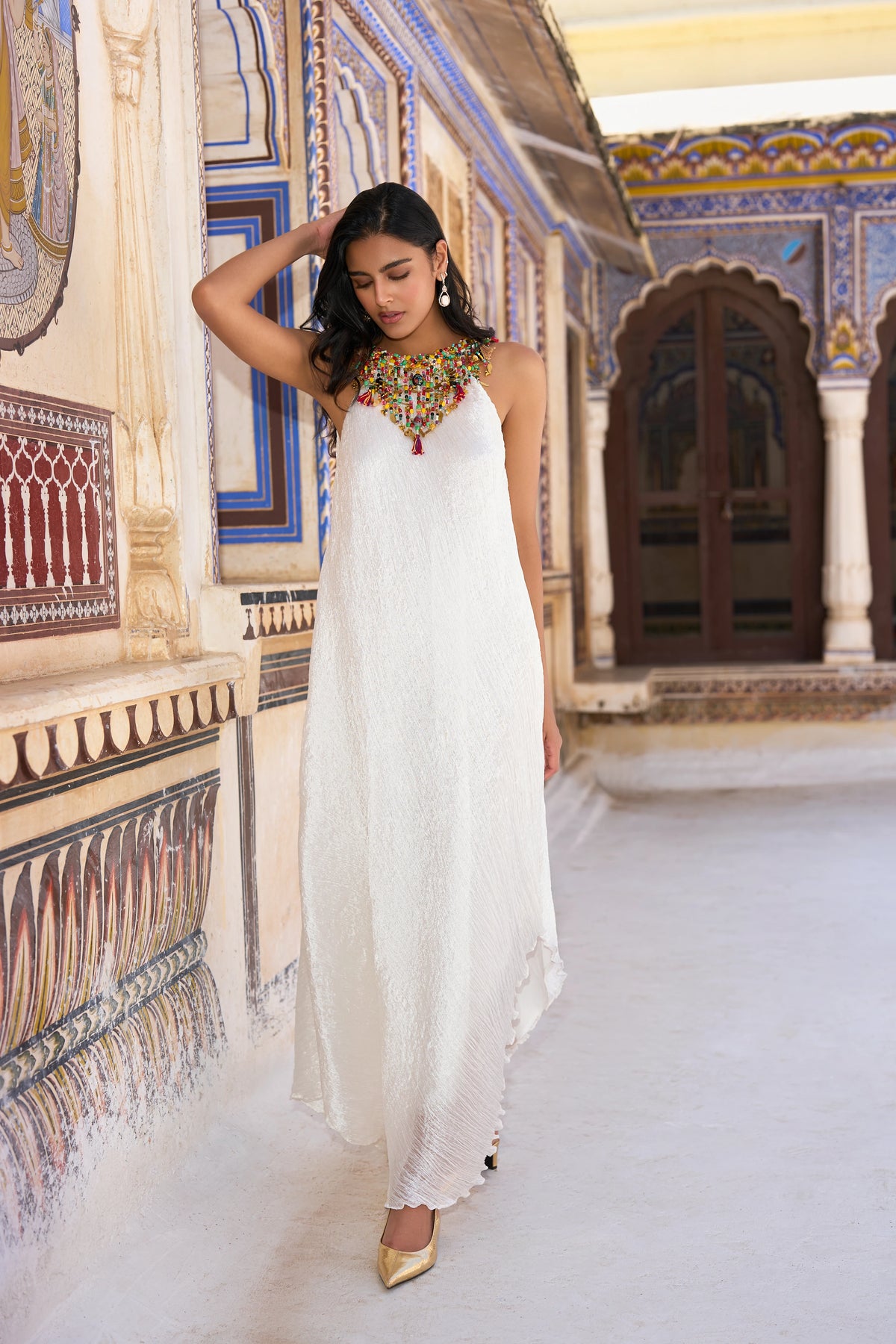 GEMSTONE CHOKER ASYMMETRIC CRUSHED DRESS