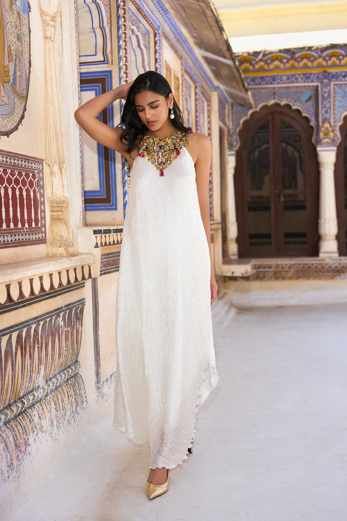 GEMSTONE CHOKER ASYMMETRIC CRUSHED DRESS dash and dot