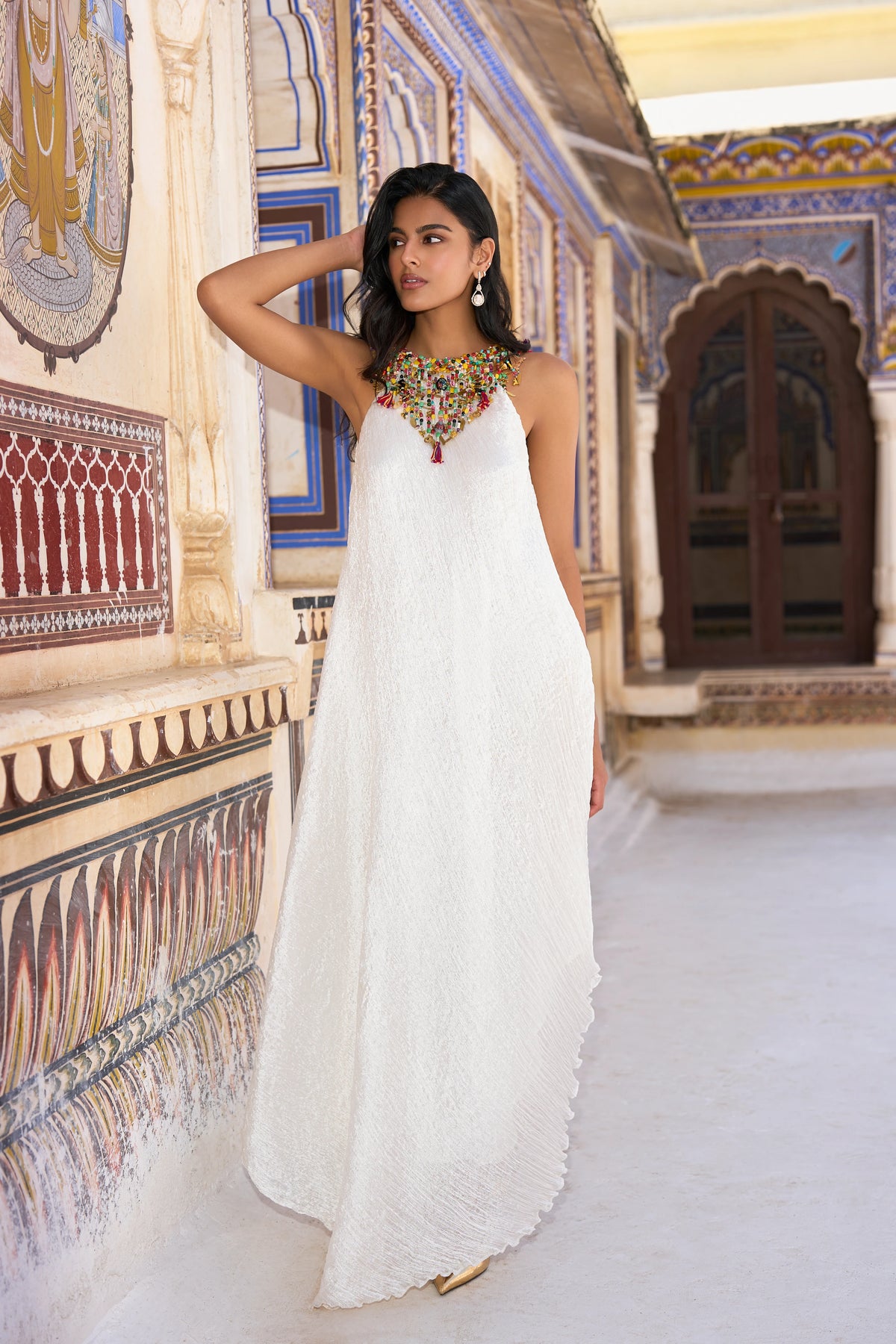 GEMSTONE CHOKER ASYMMETRIC CRUSHED DRESS